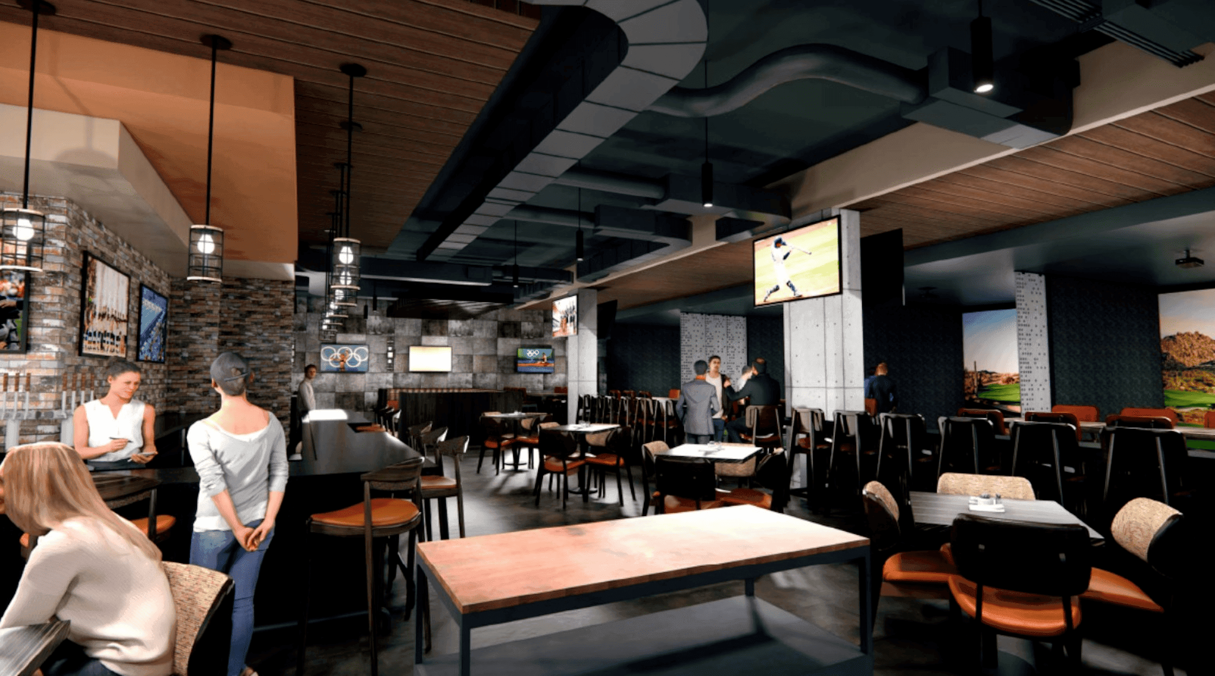 The interiot of the 20th Hole with tall boy tables and sports screens at Black Desert Resort