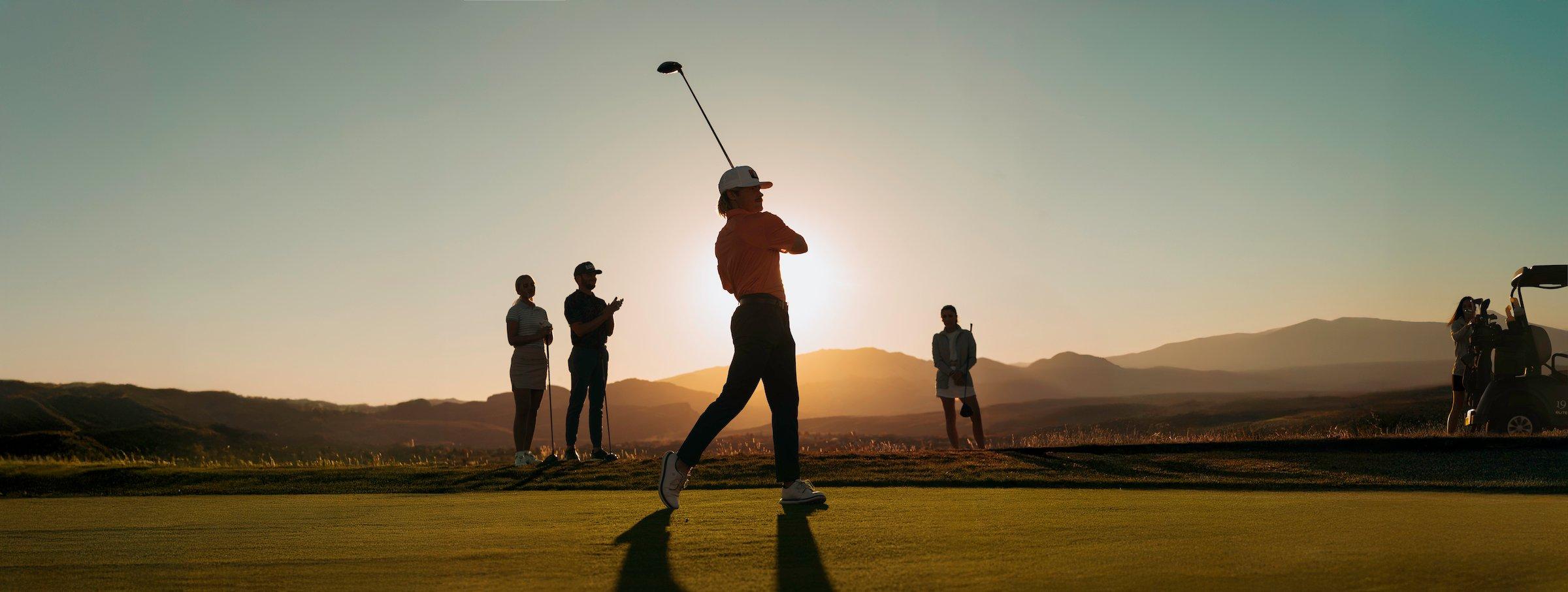 People golfing at Black Desert Resort at sunset