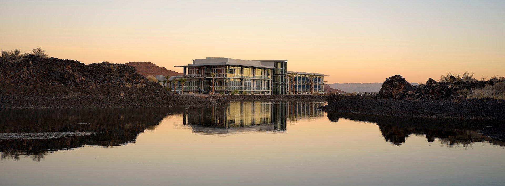 exterior view of resort over the lake