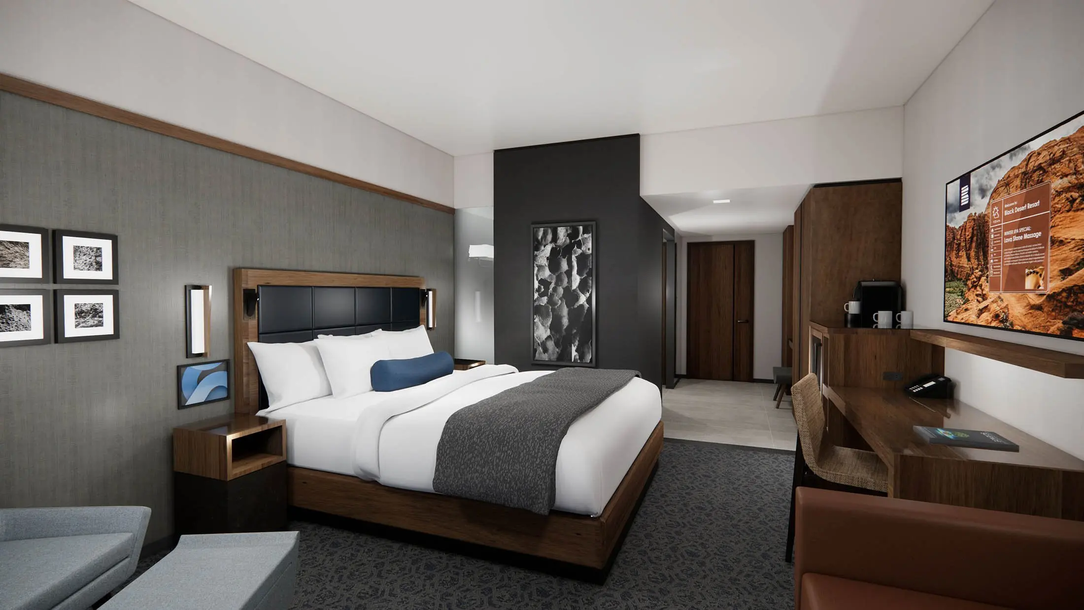 Bed and sitting are in a king room at Black Desert Resort
